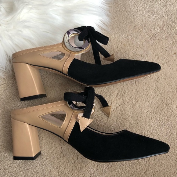 Leather Suede Bow Tie Mid Heel - Picture 3 of 8